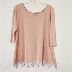 Andree By Unit L Blouse Short Sleeve Peach knit Lace Bodice Top Modal Spandex